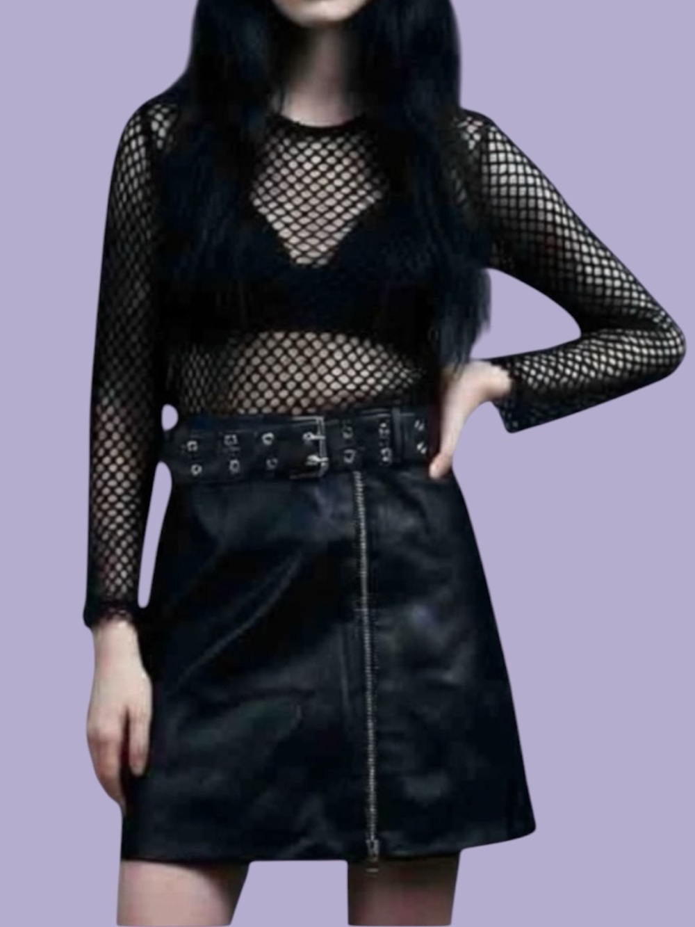 Black Faux Leather Zip Front Mini Skirt with Eyelet Belt